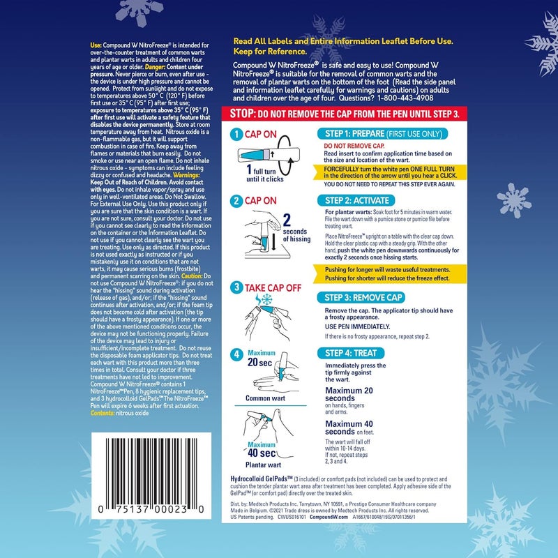 Compound W Nitro Freeze + GelPads Wart Remover with Nitrous Oxide, 1 Wart Removal Pen with 8 Replacement Tips & 3 Waterproof Hydrocolloid Bandages - Image 5